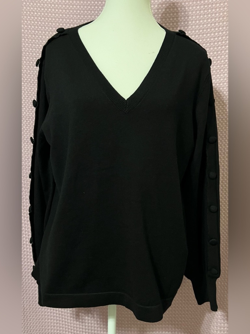 Karl Lagerfeld Black V-Neck Sweater with Button-Trim Sleeves